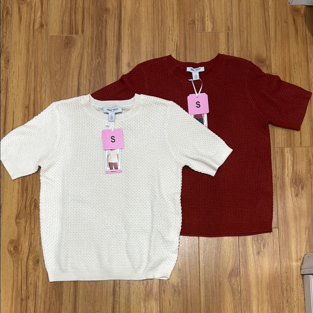 Red and off white Short Sleeve Nine West Sweaters